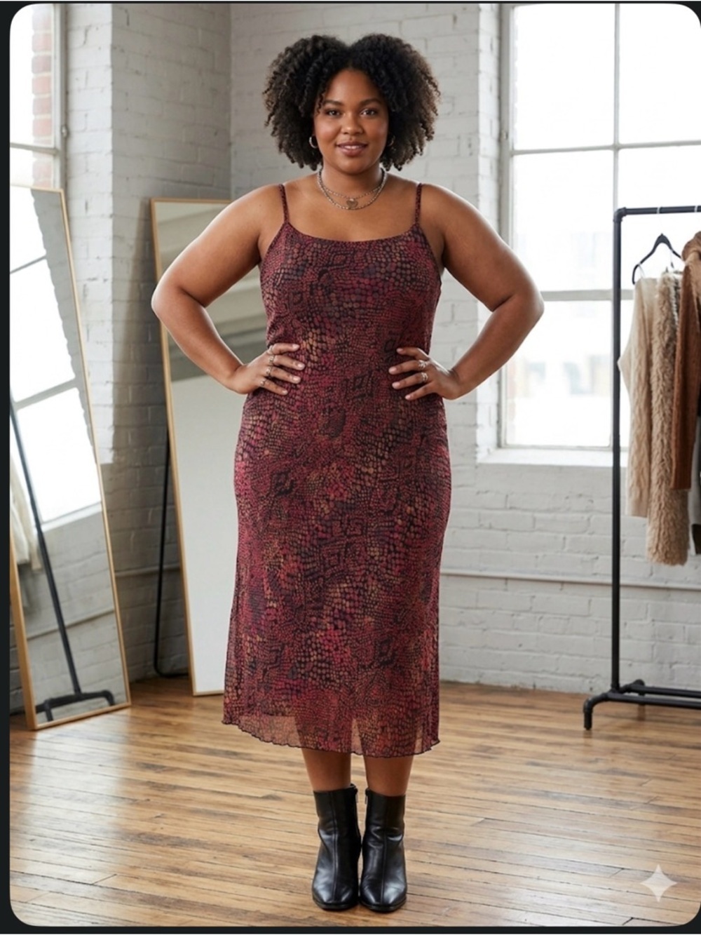 Plus-Size Burgundy Snake-Print Midi Slip Dress